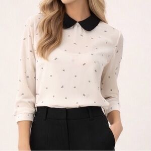 BooMing Sheer Ivory Blouse Contrast Black Collar S/M‎ Korean